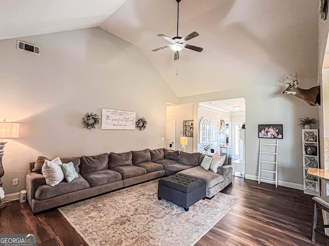 125 Kayla Ct, Locust Grove, GA 30248 - living area featuring ceiling fan, dark wood-style flooring, high vaulted ceiling, and baseboards