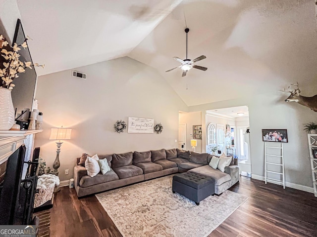125 Kayla Ct, Locust Grove, GA 30248 - living area with lofted ceiling, a ceiling fan, a fireplace, wood finished floors, and baseboards