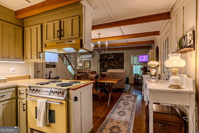 196 Elm St, Menlo, GA 30731 - kitchen featuring white electric range oven, under cabinet range hood, dark wood finished floors, a wall unit AC, and beamed ceiling