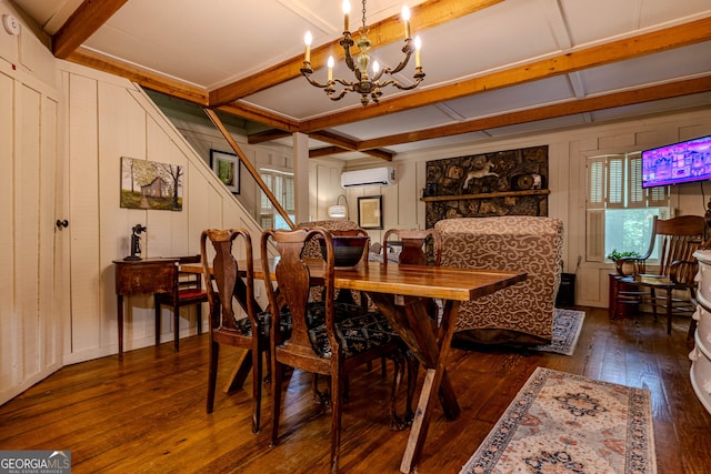 196 Elm St, Menlo, GA 30731 - dining space featuring a wall mounted AC, a chandelier, wood-type flooring, beam ceiling, and stairway