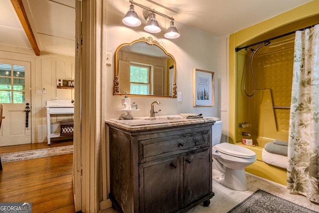 196 Elm St, Menlo, GA 30731 - full bath with vanity, shower / tub combo, toilet, wood finished floors, and beam ceiling