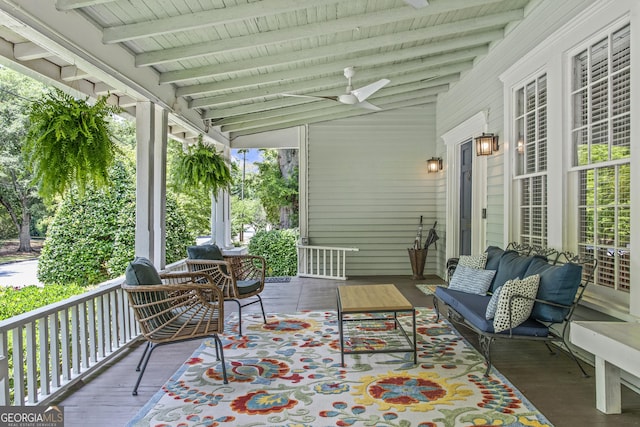 3119 Conyers St SE, Covington, GA 30014 - porch featuring ceiling fan and an outdoor hangout area