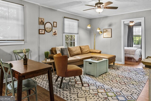 3119 Conyers St SE, Covington, GA 30014 - living area featuring crown molding, ceiling fan, light wood-type flooring, and baseboards