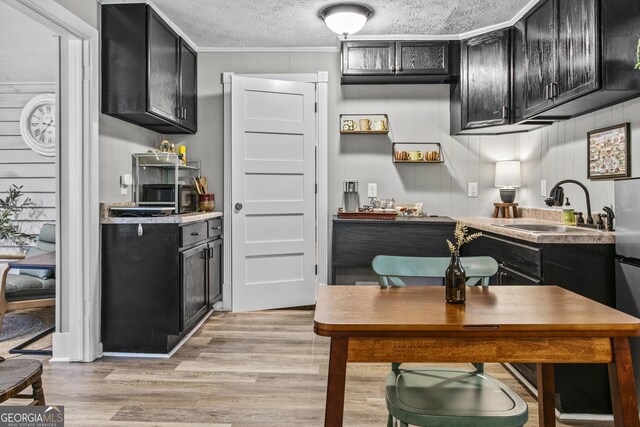 3119 Conyers St SE, Covington, GA 30014 - kitchen featuring a sink, dark cabinetry, light wood-style floors, a textured ceiling, and crown molding