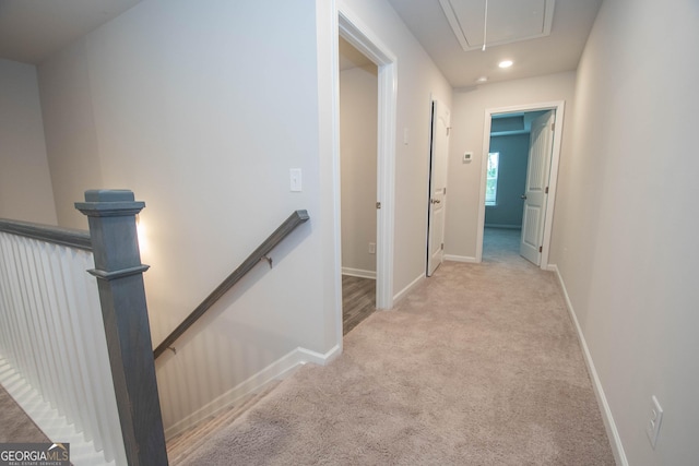 26 Sepia Oak Dr, Newnan, GA 30263 - corridor featuring an upstairs landing, attic access, light carpet, recessed lighting, and baseboards