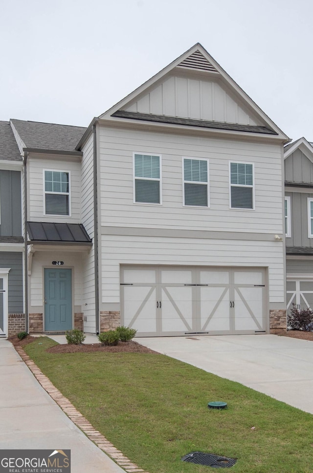 26 Sepia Oak Dr, Newnan, GA 30263 - view of front of property featuring board and batten siding, stone siding, a standing seam roof, concrete driveway, and an attached garage