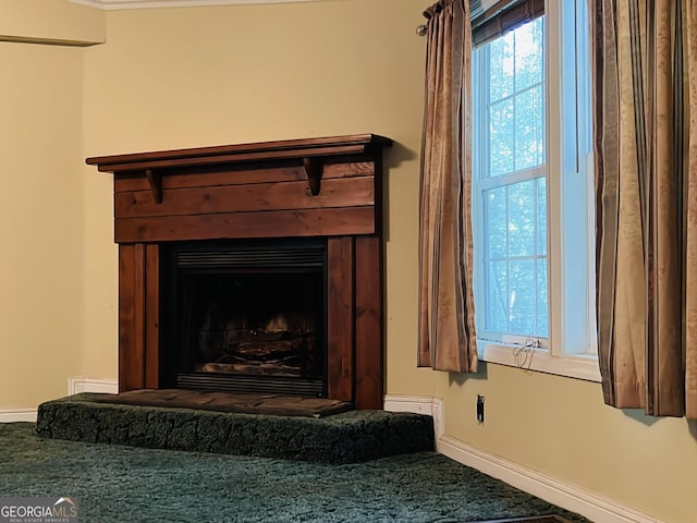 218 Helen Rd, Covington, GA 30016 - detailed view of baseboards, a fireplace with raised hearth, and carpet flooring