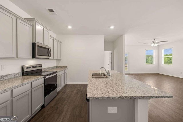 11884 Aukerman Way, Hampton, GA 30228 - kitchen featuring appliances with stainless steel finishes, a sink, gray cabinetry, dark wood finished floors, and recessed lighting