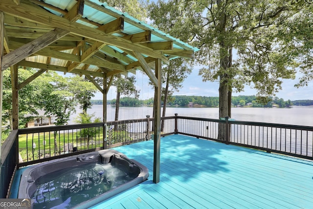 172B Hummingbird Ln, Jackson, GA 30233 - wooden terrace featuring a water view and an outdoor hot tub