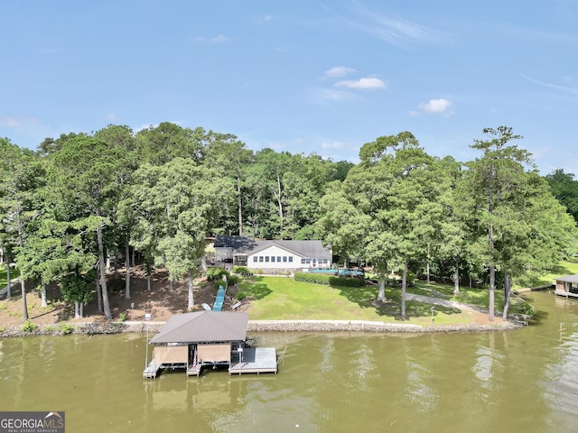 172B Hummingbird Ln, Jackson, GA 30233 - dock featuring a water view, boat lift, and a lawn