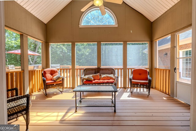 31 Bluff Mountain Dr SW, Rome, GA 30165 - sunroom / solarium featuring vaulted ceiling, ceiling fan, and outdoor lounge area