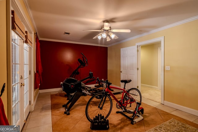 31 Bluff Mountain Dr SW, Rome, GA 30165 - exercise area with crown molding, light tile patterned floors, a ceiling fan, and french doors