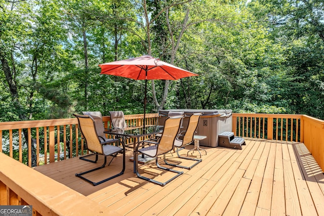 31 Bluff Mountain Dr SW, Rome, GA 30165 - wooden terrace with outdoor dining space and view of wooded area