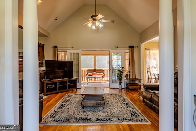 31 Bluff Mountain Dr SW, Rome, GA 30165 - living room with a ceiling fan, wood finished floors, plenty of natural light, and high vaulted ceiling