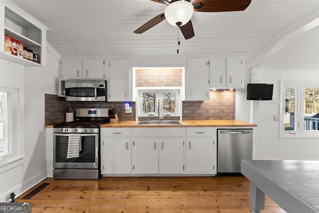 209 Athens St, Jefferson, GA 30549 - kitchen featuring appliances with stainless steel finishes, a sink, backsplash, wooden ceiling, and white cabinets