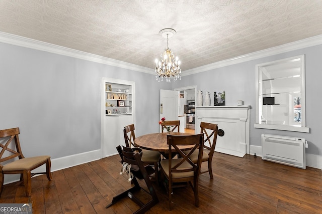 209 Athens St, Jefferson, GA 30549 - dining room with a chandelier, dark wood-type flooring, baseboards, heating unit, and ornamental molding