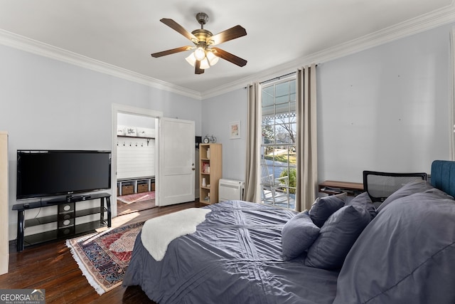 209 Athens St, Jefferson, GA 30549 - bedroom featuring ornamental molding, wood finished floors, access to outside, and a ceiling fan