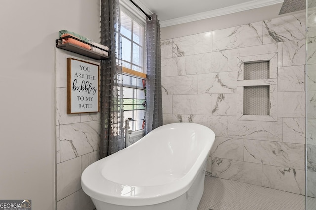 209 Athens St, Jefferson, GA 30549 - full bathroom with tile walls, a freestanding tub, and ornamental molding