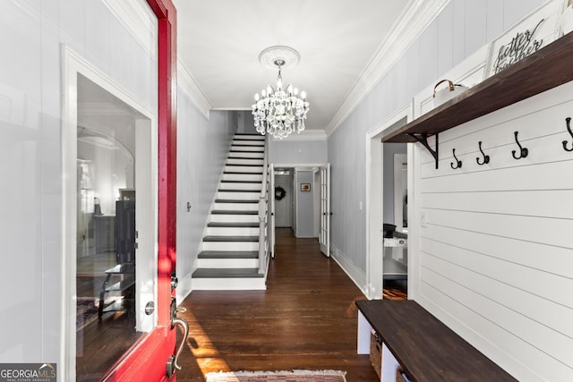 209 Athens St, Jefferson, GA 30549 - mudroom featuring ornamental molding, dark wood finished floors, a chandelier, and baseboards