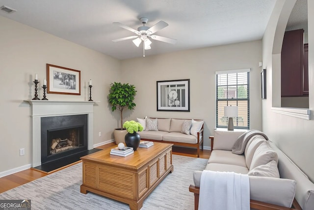 11151 Aliyah Dr, Hampton, GA 30228 - living room featuring a ceiling fan, light wood finished floors, arched walkways, and a fireplace