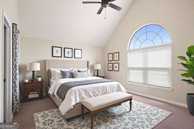 11151 Aliyah Dr, Hampton, GA 30228 - carpeted bedroom featuring high vaulted ceiling, multiple windows, and ceiling fan