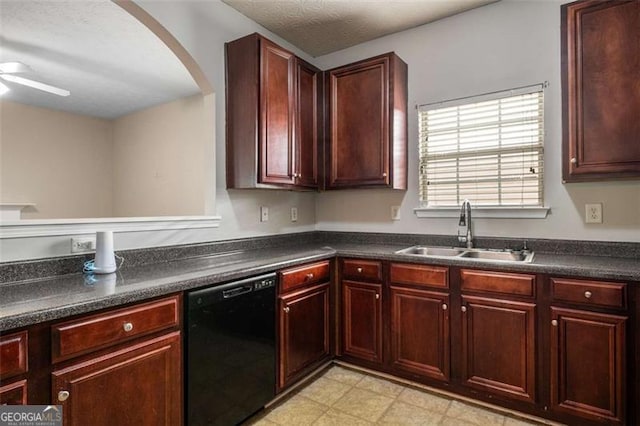 11151 Aliyah Dr, Hampton, GA 30228 - kitchen with dishwasher, arched walkways, dark countertops, and a ceiling fan