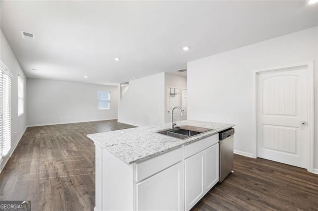 312 Deer Run Dr, Dallas, GA 30132 - kitchen with dishwasher, a sink, dark wood-style flooring, white cabinets, and recessed lighting