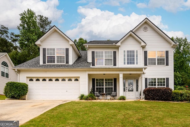 7282 Litany Ct, Flowery Branch, GA 30542 - traditional-style house featuring covered porch, concrete driveway, a front lawn, and a shingled roof