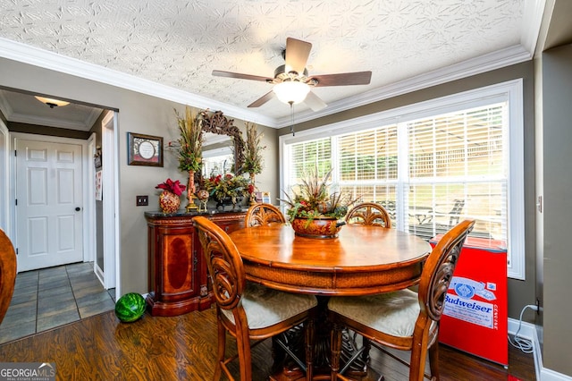 7282 Litany Ct, Flowery Branch, GA 30542 - dining area with a ceiling fan and dark wood finished floors