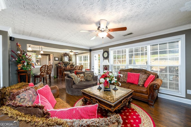 7282 Litany Ct, Flowery Branch, GA 30542 - living area featuring ceiling fan, wood finished floors, and ornamental molding