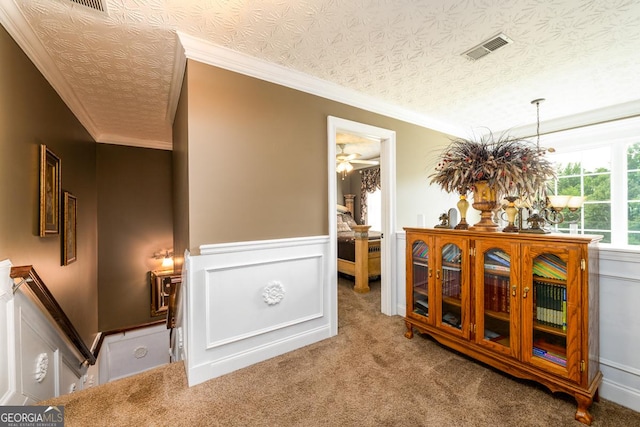 7282 Litany Ct, Flowery Branch, GA 30542 - hall with carpet, ornamental molding, a wainscoted wall, and an upstairs landing
