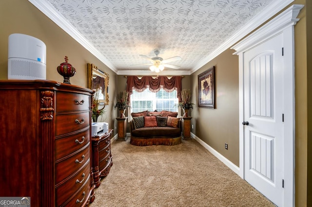 7282 Litany Ct, Flowery Branch, GA 30542 - sitting room with carpet, crown molding, a ceiling fan, and an ornate ceiling