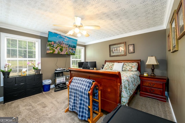 7282 Litany Ct, Flowery Branch, GA 30542 - bedroom with carpet floors, a ceiling fan, and crown molding