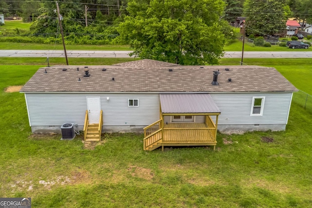 262 Gray Hwy, Gordon, GA 31031 - rear view of property featuring crawl space, entry steps, a lawn, a wooden deck, and central air condition unit