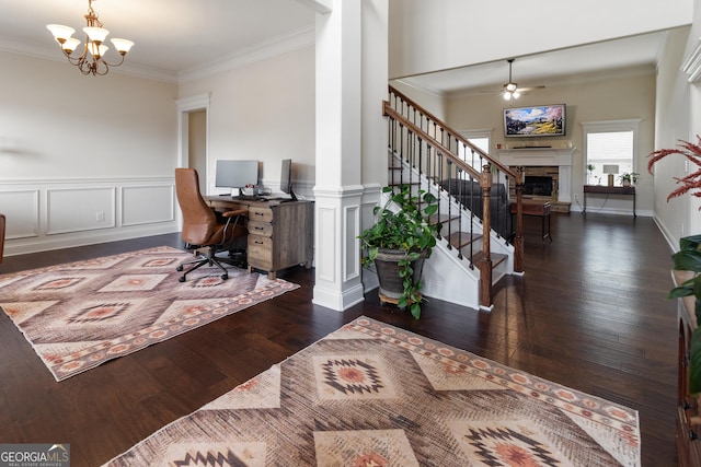 152 Jackson Dr, Forsyth, GA 31029 - office featuring a ceiling fan, ornamental molding, a fireplace, decorative columns, and wood finished floors