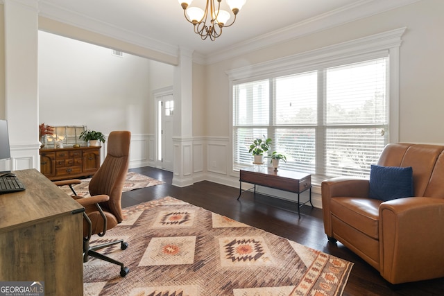 152 Jackson Dr, Forsyth, GA 31029 - office area with ornamental molding, dark wood-style flooring, wainscoting, and a chandelier