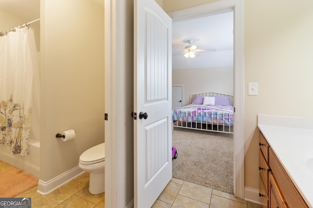 152 Jackson Dr, Forsyth, GA 31029 - ensuite bathroom with tile patterned flooring, vanity, toilet, ceiling fan, and shower / tub combo