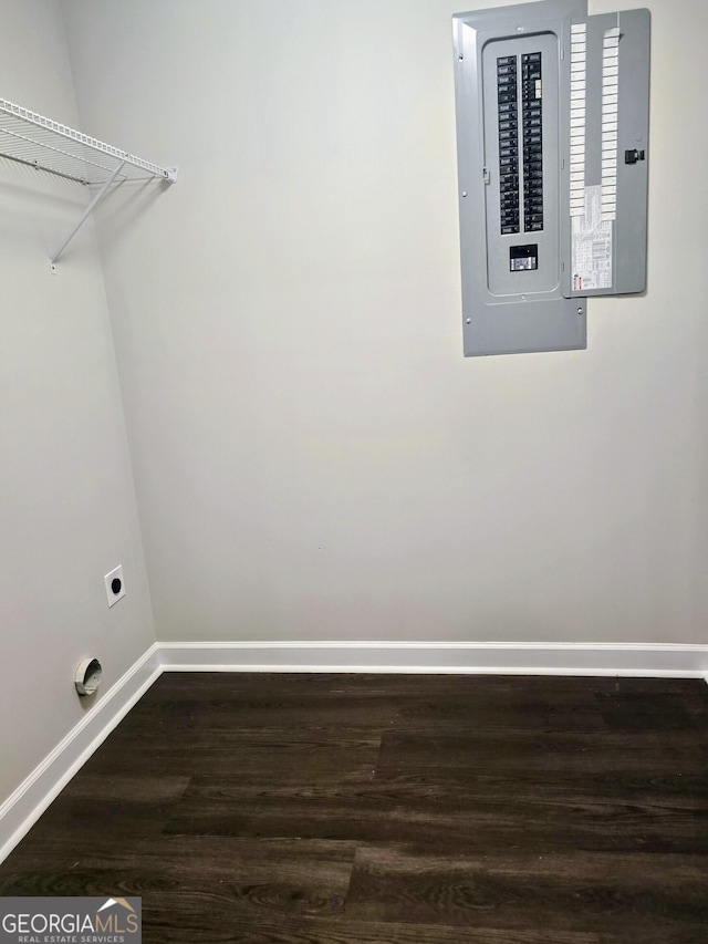 5425 Herndon Blvd, Morrow, GA 30260 - laundry room with electric panel, wood finished floors, baseboards, and hookup for an electric dryer