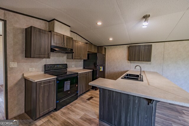 461 Mccord Rd, East Dublin, GA 31027 - kitchen featuring black appliances, under cabinet range hood, a sink, a textured ceiling, and light wood-style flooring