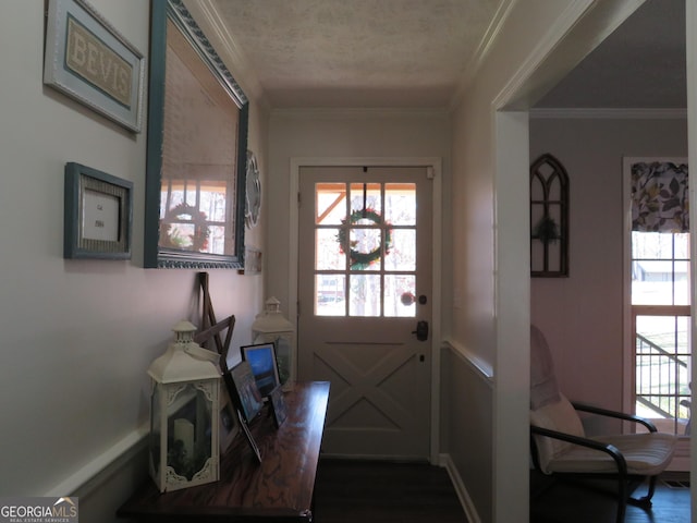 141 Cherokee Cir, Cedartown, GA 30125 - doorway to outside featuring dark wood-style floors, plenty of natural light, crown molding, and a textured ceiling