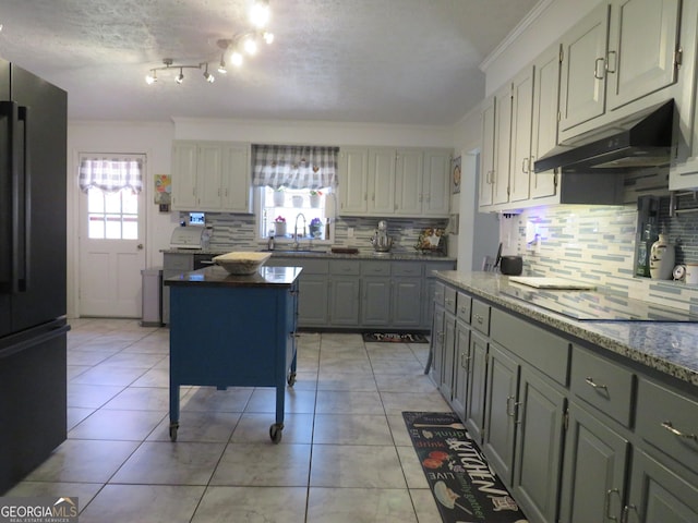 141 Cherokee Cir, Cedartown, GA 30125 - kitchen with freestanding refrigerator, under cabinet range hood, decorative backsplash, and a sink