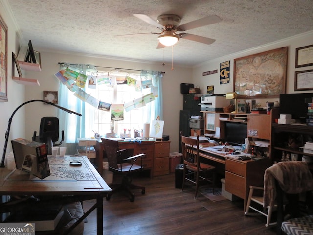 141 Cherokee Cir, Cedartown, GA 30125 - office area with ornamental molding, dark wood-style flooring, a ceiling fan, and a textured ceiling