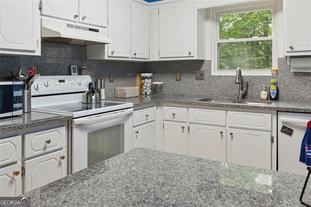 141 Mills Creek Path, Hiram, GA 30141 - kitchen with range hood, white appliances, white cabinets, and decorative backsplash