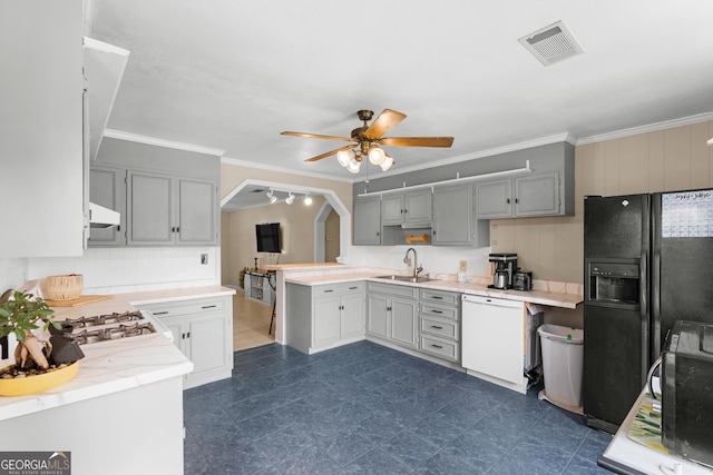 1072 Burtons Ferry Highway, Sylvania, GA 30467 - kitchen featuring dishwasher, black refrigerator with ice dispenser, a ceiling fan, a sink, and ornamental molding