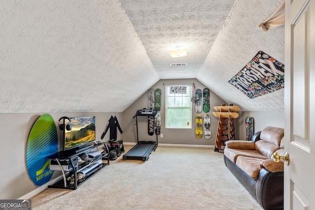 460 Old Tree Dr, Jackson, GA 30233 - exercise area featuring a textured ceiling, carpet, lofted ceiling, and baseboards