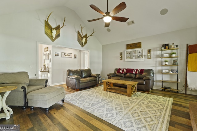 510 Braves Field Dr, Guyton, GA 31312 - living area with a ceiling fan, wood finished floors, and high vaulted ceiling