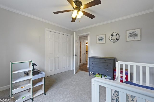510 Braves Field Dr, Guyton, GA 31312 - bedroom with crown molding, carpet floors, a closet, and a ceiling fan
