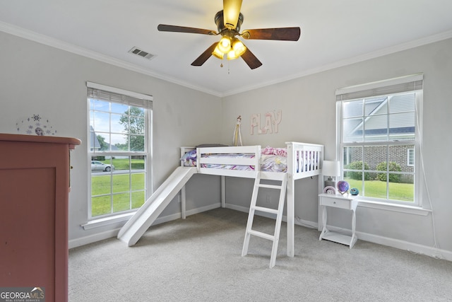 510 Braves Field Dr, Guyton, GA 31312 - carpeted bedroom with crown molding, multiple windows, baseboards, and ceiling fan