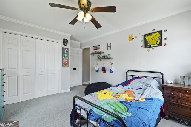 510 Braves Field Dr, Guyton, GA 31312 - carpeted bedroom featuring crown molding, a closet, and ceiling fan