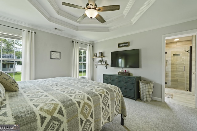 510 Braves Field Dr, Guyton, GA 31312 - bedroom featuring multiple windows, light colored carpet, ornamental molding, a raised ceiling, and ceiling fan